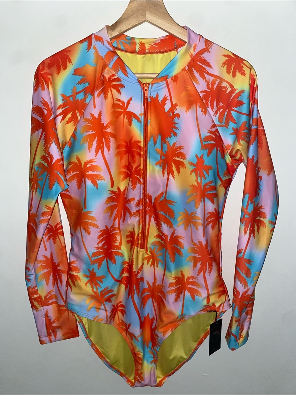 Relleciga Tropical Palm Print Long Sleeve Zip Swimwear Bodysuit Size XL